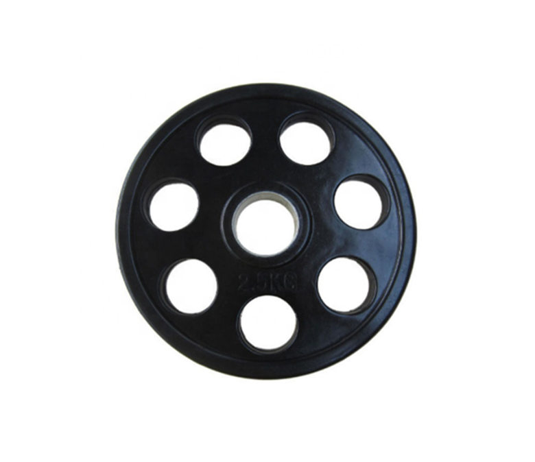Black Seven Holes Rubber Coated Barbell Weight Plate