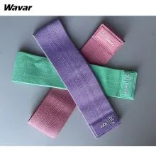 US customer customized case: The colorful fabric resistance bands are customized by yoga studio clients in the US and come with a rubber label with their logo and resistance level.
